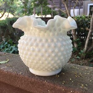Vintage White Milk Glass Hobnail Ruffled Vase